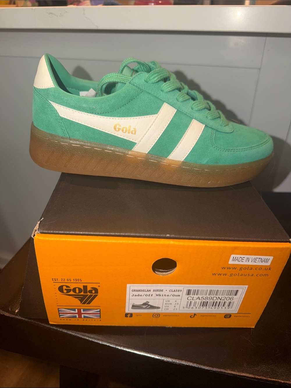 Gola Women’s Jade Green Suede Sneaker with White Stripes and Gum Sole